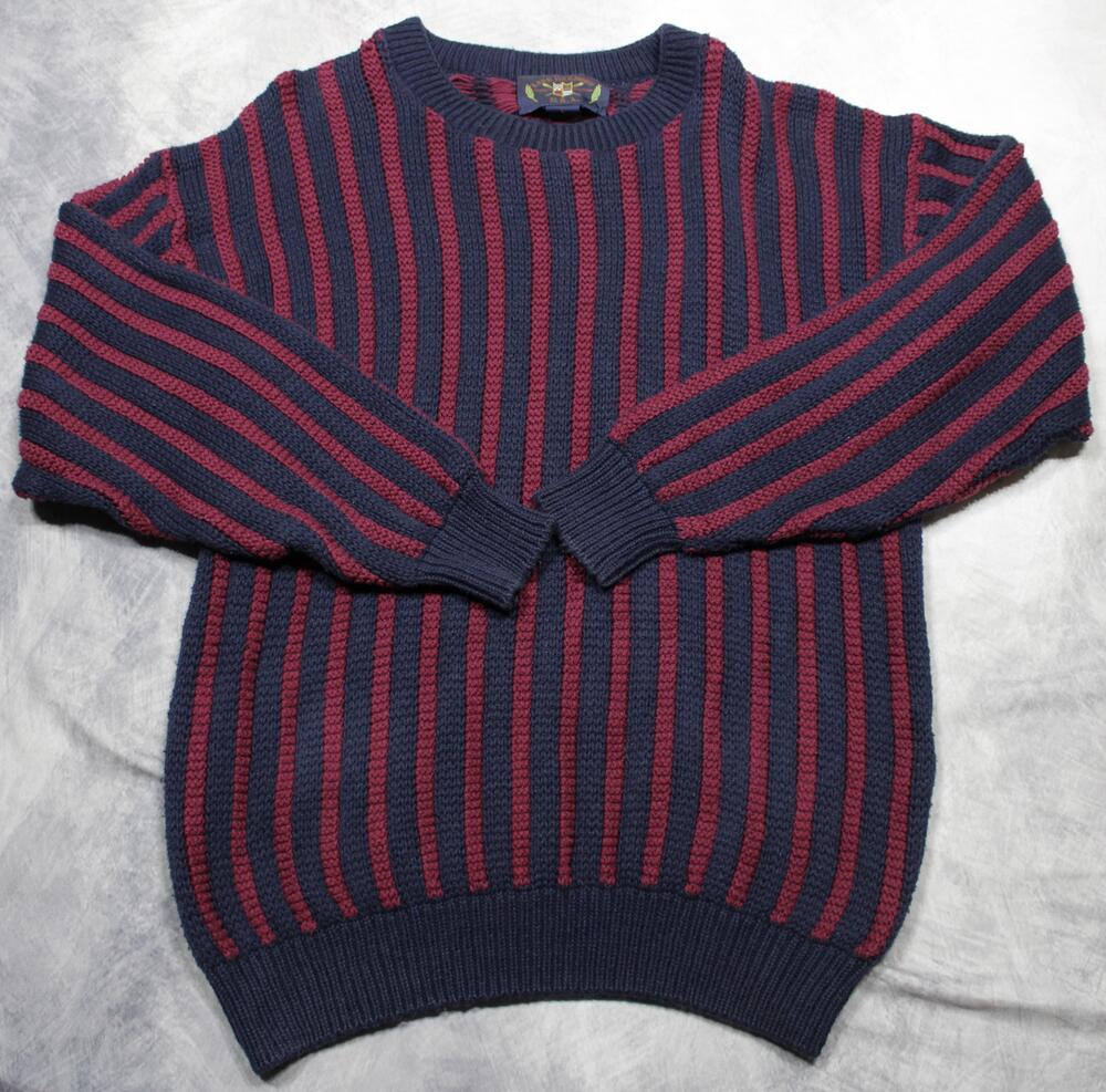 Vintage USA Lake Harmony Sweater Mens Large Blue Striped Crewneck Chunky Knit